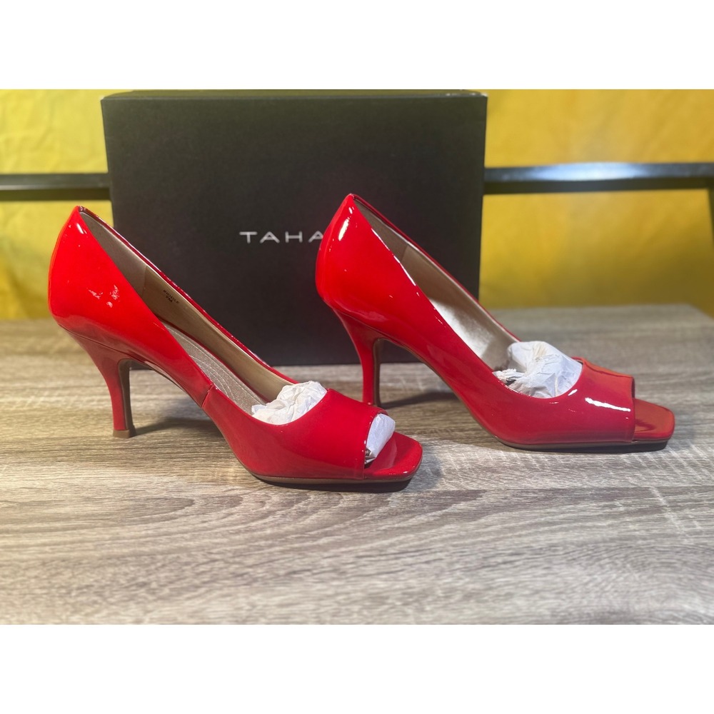 Tahari Riddle Red Patent Peep Toe Pumps Heels Carnation Red TA-RIDDLE Size 9M
